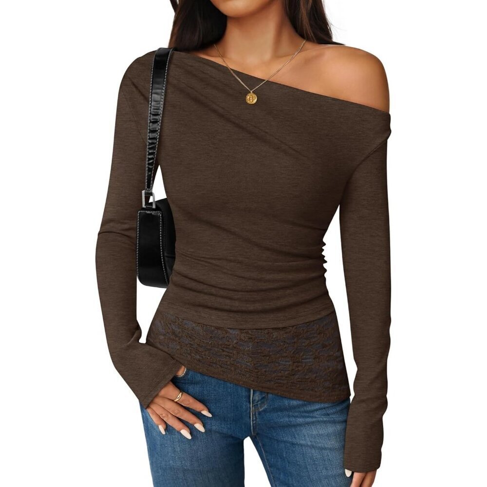 Women Coffee Long Sleeve Off Shoulder Tops Casual Boat Neck Lace Shirts Blouses